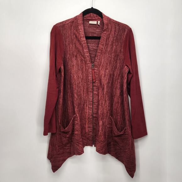 Logo Lori Goldstein Variegated Burgundy V-Neck Zippered Cardigan Women's S - Picture 2 of 9